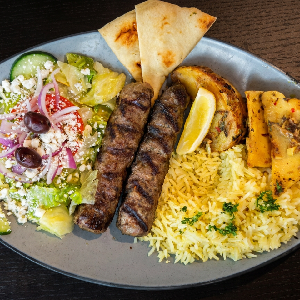 Mediterranean platter with grilled kofta, rice, toasted pita, roasted vegetables, lemon, and Greek salad.