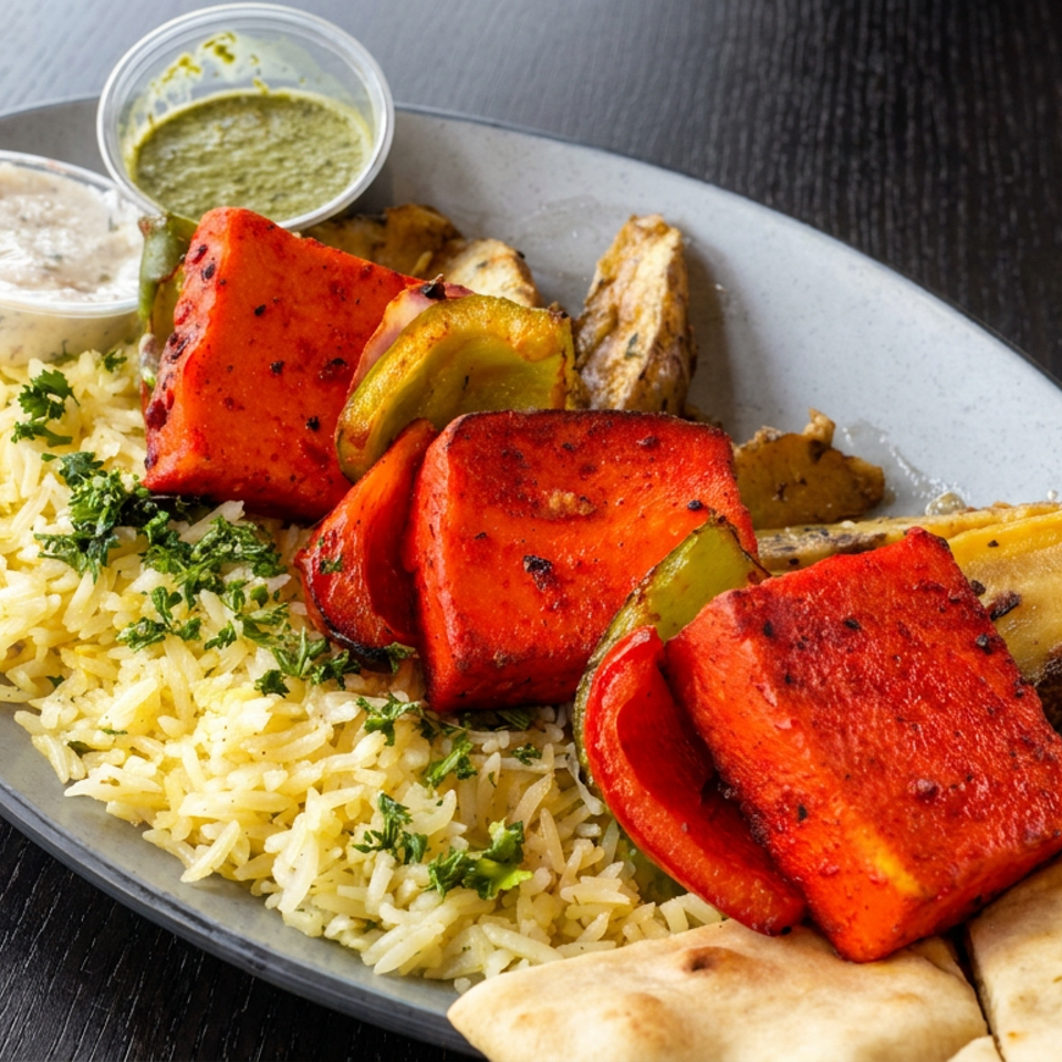 Grilled tandoori vegetables and paneer served with basmati rice, naan, and creamy dipping sauces on a platter.