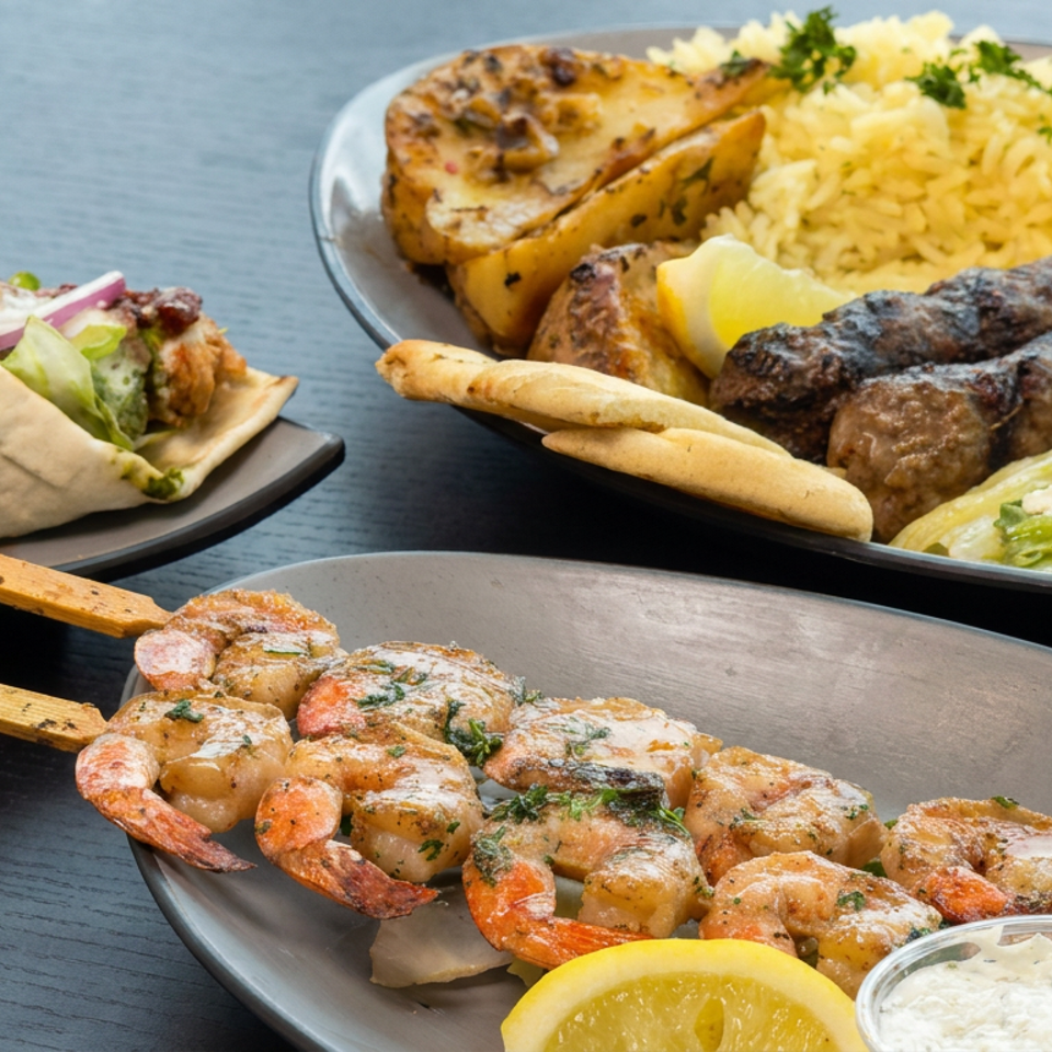 Mediterranean platter featuring grilled shrimp skewers, kebabs, rice, roasted potato, pita, Greek salad, lemon, and tzatziki.
