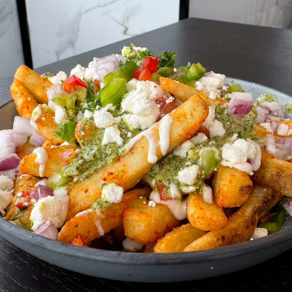 Loaded plate of golden fries topped with guacamole, feta cheese, diced peppers, onions, and creamy sauce on a restaurant table.
