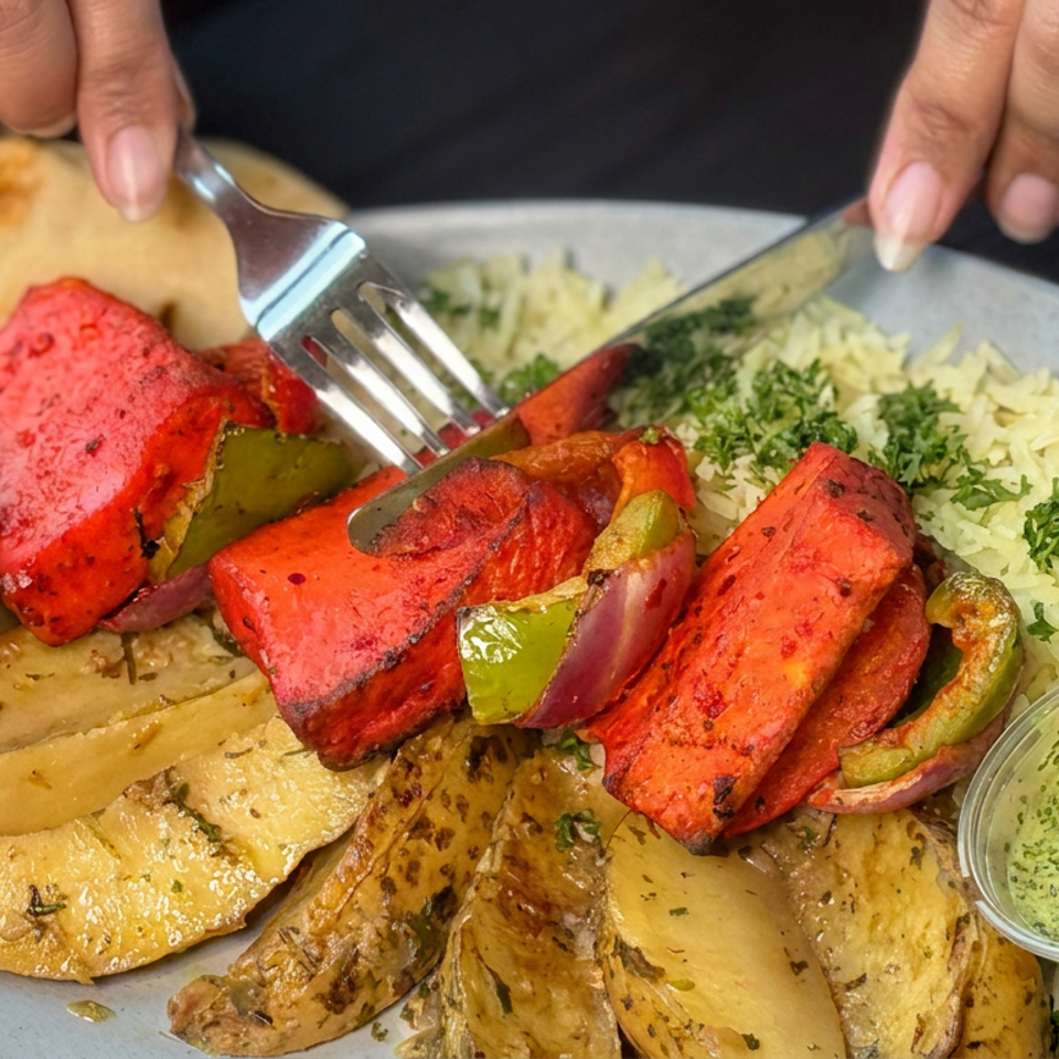 Plate of grilled red-marinated vegetables, roasted potatoes, herb rice, flatbread, and two dipping sauces.