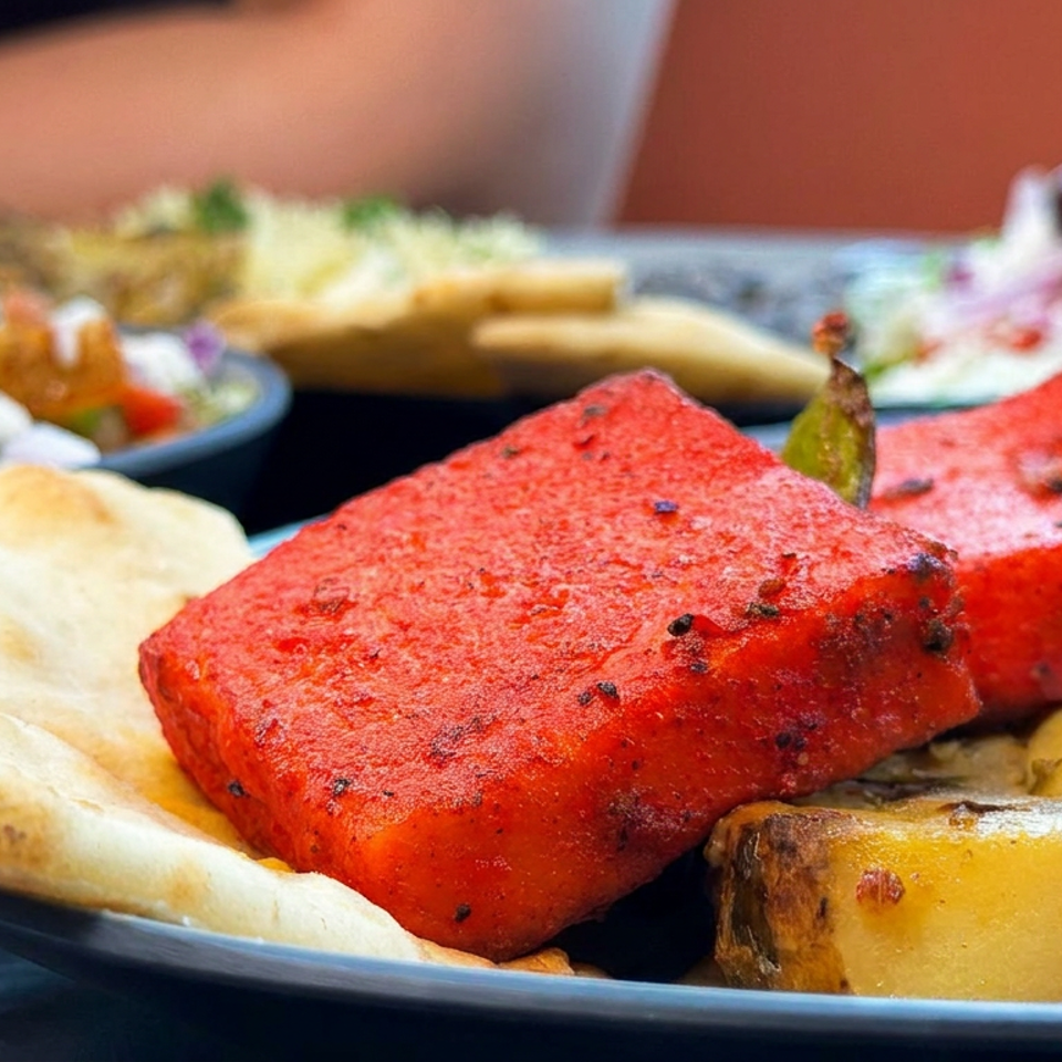 Colorful vegetarian platter featuring grilled paneer, roasted potatoes, vegetables, salad, and naan bread.