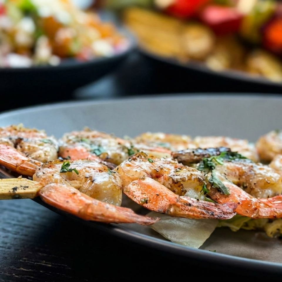Grilled shrimp skewers garnished with herbs on a dark plate, served with a lemon wedge and blurred dishes in the background.