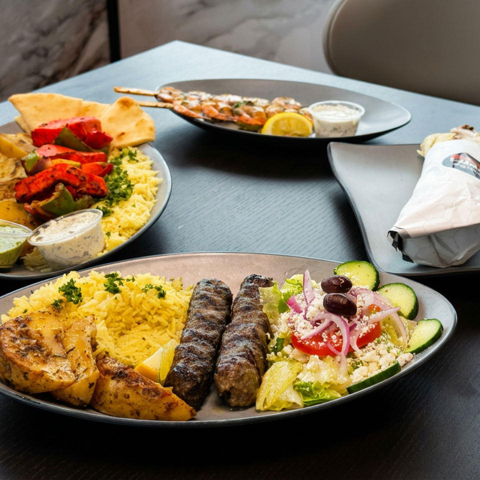 Mediterranean-style restaurant spread with grilled chicken, kebabs, yellow rice, salad, dips, flatbread, and a wrapped sandwich.