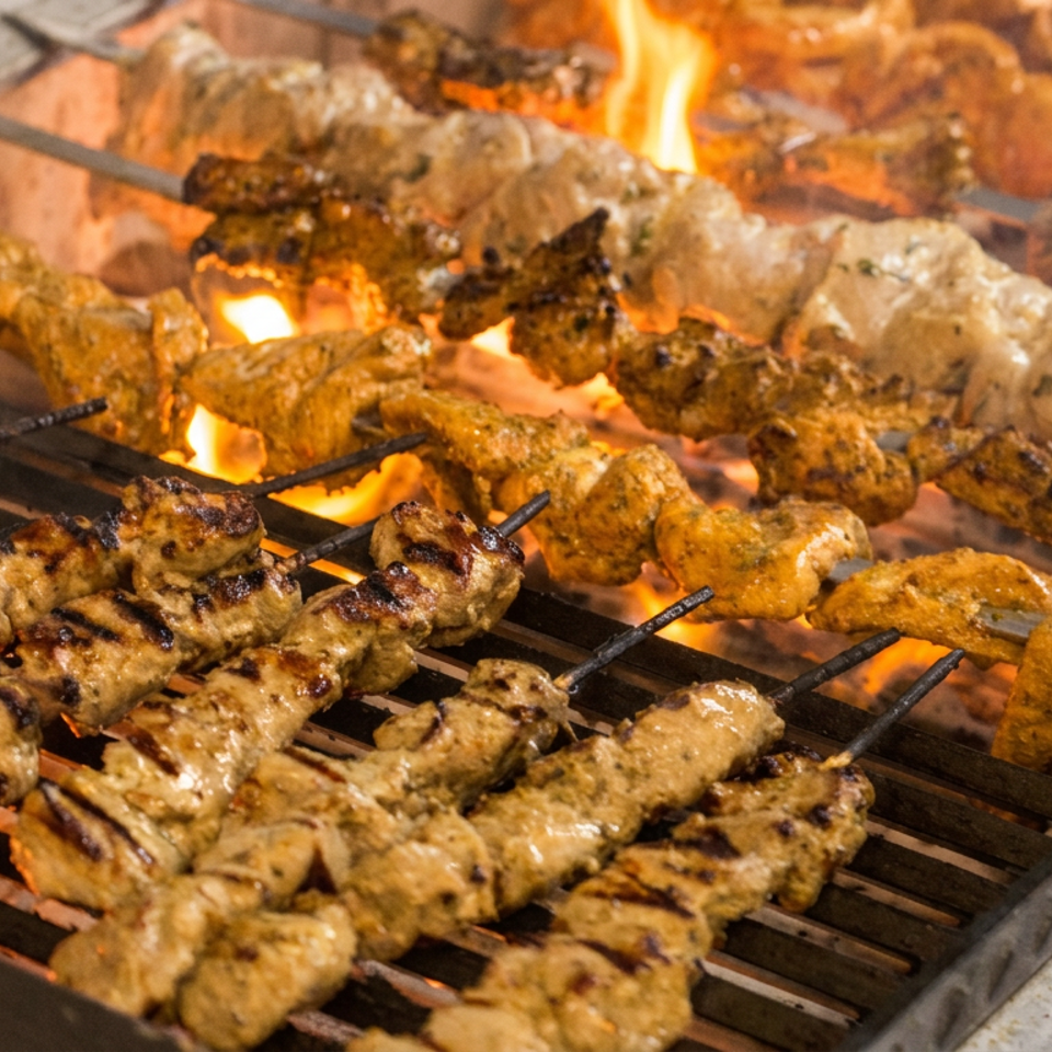 Assorted marinated meat skewers grilling over glowing charcoal flames on a restaurant grill.