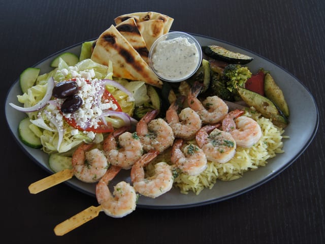 Shrimp Souvlaki Platter.