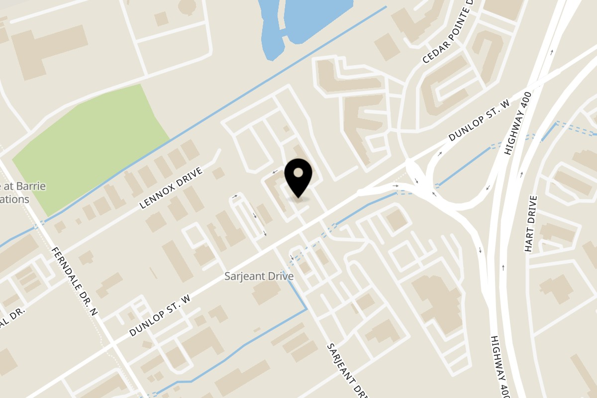 Map showing the location of Skewer Haus on 404 Dunlop Street West in Barrie
